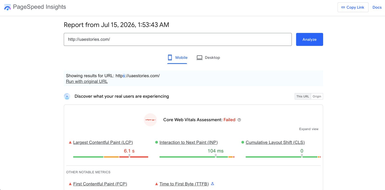 PageSpeed Insights: Core Web Vitals failed, field LCP 6.1s