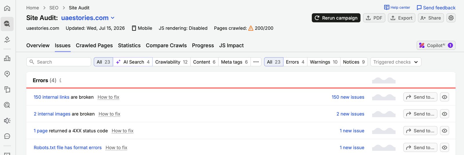 SEMrush issues list: 150 broken internal links, broken images, robots.txt format errors