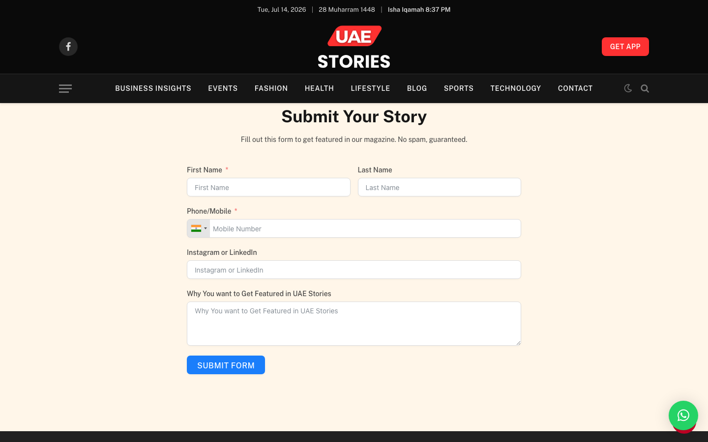 Screenshot of submit-your-story page: a bare form with no heading and no sales copy